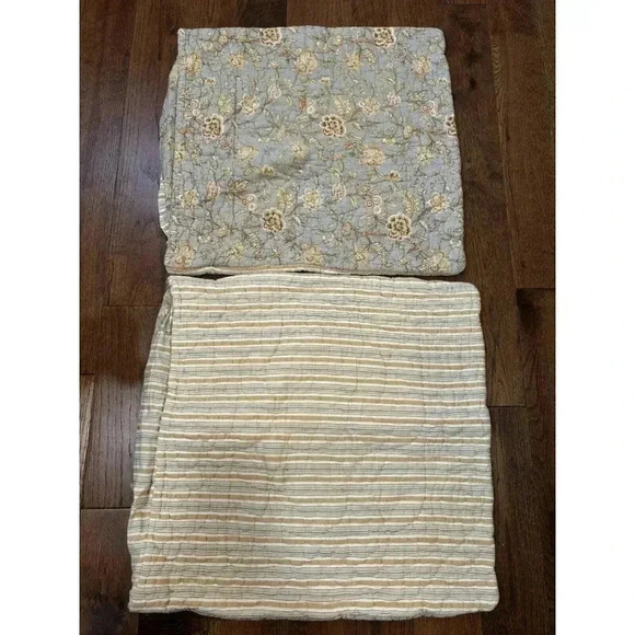 Restoration Hardware Quilted Euro Shams Cover Pair (2)Blue Beige Floral Stripes - Picture 1 of 10